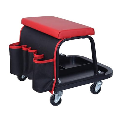Rolling Mechanic Garage Stool on Wheels with Padded Cushion, Tool Tray Storage and Side Pockets, 300 LBS Capacity, Red - color: Red