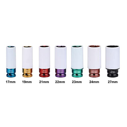 EMENTOL 7PCS 1/2" Drive Thin Wall Deep Wheel Protector Impact Socket Set, CR-MO, Lug Nut Impact Socket Set-17mm, 19mm, 21mm, 22mm, 23mm, 24mm, 27mm - size: 7PCS