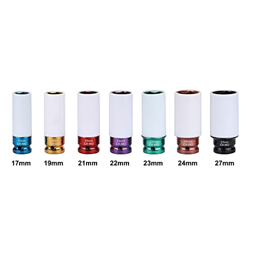 EMENTOL 7PCS 1/2" Drive Thin Wall Deep Wheel Protector Impact Socket Set, CR-MO, Lug Nut Impact Socket Set-17mm, 19mm, 21mm, 22mm, 23mm, 24mm, 27mm - size: 7PCS