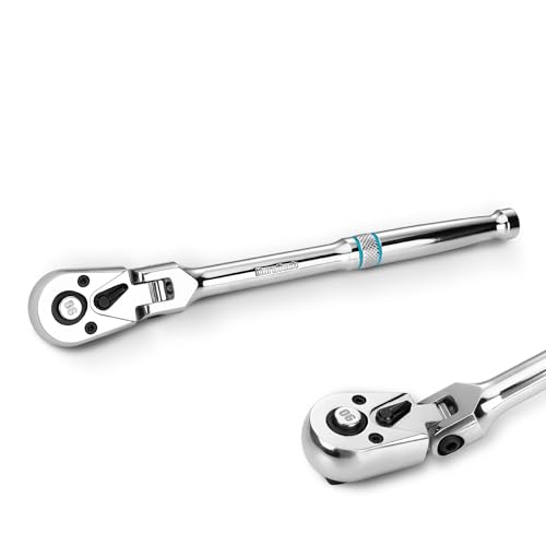 DURATECH 3/8-Inch Drive Flex-Head Ratchet, 90-Tooth Quick-Release Ratchet Wrench with 180° Pivoting Head and 7-Position Setting, Reversible, CR-V Made, CR-MO Head, 4° Swing, Full Polished, Men Gifts - size: 3/8"(Polished)