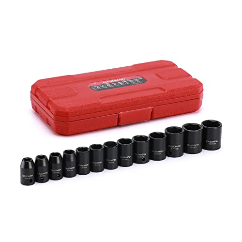 CASOMAN 13 Pieces 3/8-Inch Drive Impact Socket Set, 6-Point, Metric, Shallow, CR-V, 7mm to 19mm, Heavy Duty Blow Molded Storage Case - size: Shallow