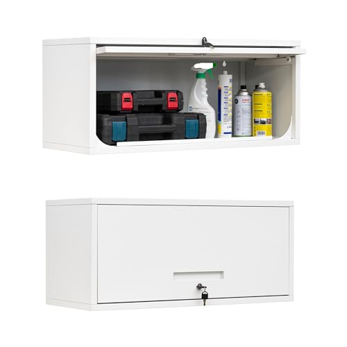 Yizosh Metal Wall Cabinet with Doors, Wall Mounted Storage Cabinet - Floating Tool Cabinet for Kitchen, Basement, Warehouse (White, 13.7" H) - color: White, size: 13"D x 32"W x 14"H