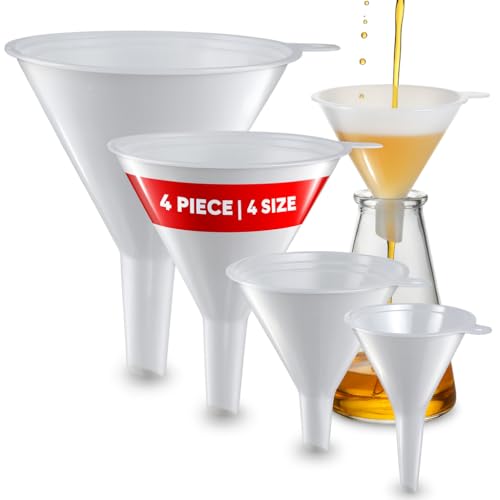 Plastic Funnel for Automotive Use - Kitchen Funnels for Filling Bottles, Jars, Containers or Lab Use - Oil Funnel for Gas, Car Oil, Lubricants and Fluids (White-4 Pack) - color: White