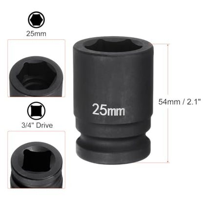 HARFINGTON 6-Point Impact Socket 3/4" Drive 25mm Metric 40Cr Alloy Steel Spindle Axle Nut Impact Socket - size: 25mm