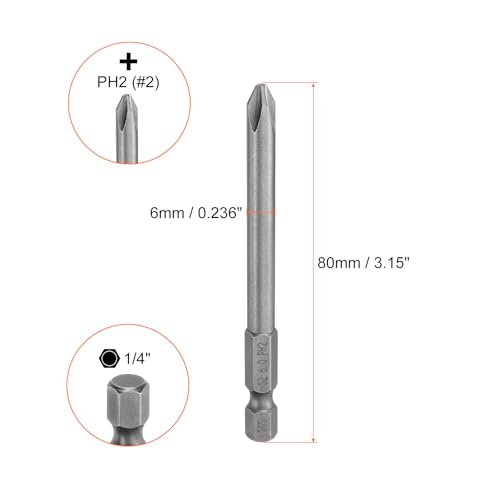 HARFINGTON 5pcs #2 Phillips Screwdriver Bit PH2 1/4" Hex Shank 3.15" (80mm) Long Magnetic S2 Steel Industrial Grade Screw Driver Bit Cross Head Electric Drill Bits 0.236" (6mm) Rod - size: PH2 x 80mm x 6mm