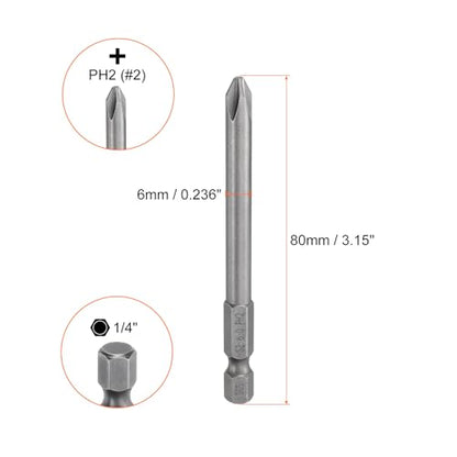 HARFINGTON 5pcs #2 Phillips Screwdriver Bit PH2 1/4" Hex Shank 3.15" (80mm) Long Magnetic S2 Steel Industrial Grade Screw Driver Bit Cross Head Electric Drill Bits 0.236" (6mm) Rod - size: PH2 x 80mm x 6mm
