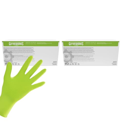 GLOVEWORKS HD Green Gloves, 8 Mil Nitrile Disposable Heavy Duty Raised Diamond Grip Mechanic Glove, Bulk Purchasing Options - size: X-Large, style: 2 Cases of 1000