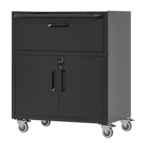 Metal Mobile Tool Storage Cabinet with Wheels,Black Heavy Duty Rolling Tool Cabinets for Garage,Metal Storage Cabinets with 2 Locking Doors and 1 Drawer,Assembly Required - color: Black, style: 1 drawer 2 doors with wheels