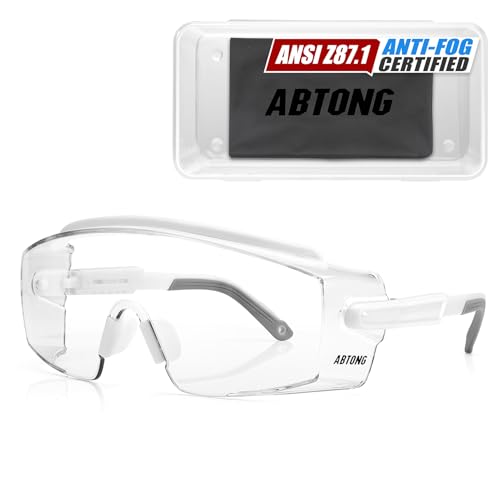 Clear Safety Glasses Over Eyeglasses — ANSI Z87.1 Certified Safety Goggles with UV380 Anti-Fog & Anti-Scratch Wraparound Lenses — Adjustable Temples with Anti-Slip Tips — Youth Men & Women - color: White