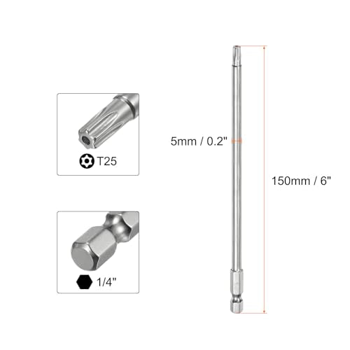 HARFINGTON 2pcs T25 Security Torx Bit 1/4" Hex Shank 6" Long S2 Steel Magnetic Tamper Resistant Star Bits Screwdriver Torx Head with Hole for Driver Drill Bits Remove Fastening Screws - size: T25