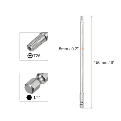 HARFINGTON 2pcs T25 Security Torx Bit 1/4" Hex Shank 6" Long S2 Steel Magnetic Tamper Resistant Star Bits Screwdriver Torx Head with Hole for Driver Drill Bits Remove Fastening Screws - size: T25