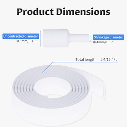 5M Heat Shrink Tubing, 8mm OD, 2:1 Ratio, White | Polyolefin Shrinkable Tube, Waterproof Electrical Insulation Tubing, for Wire Cable and Electronic Component Protection - size: 5M Φ8 White