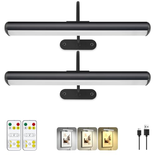 Wireless Picture Light for Wall, Battery Painting Lighting with Metal Material, Remote Control,3 Lighitng Colors,300LM Brightness Dimmable, Timer Auto-off, Adjustable Light head for Portrait Gallery - color: Black, size: 13inch Gooseneck 1-Pack
