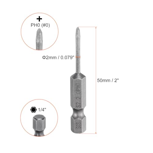 HARFINGTON 5pcs #0 Phillips Screwdriver Bit PH0 1/4" Hex Shank 2" (50mm) Long Magnetic S2 Steel Industrial Grade Screw Driver Bit Cross Head Electric Drill Bits 0.079" (2mm) Rod - size: PH0 x 50mm x 2mm