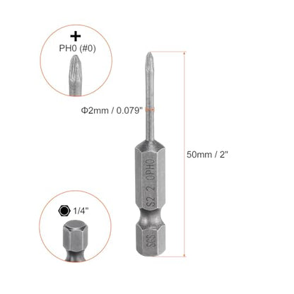 HARFINGTON 5pcs #0 Phillips Screwdriver Bit PH0 1/4" Hex Shank 2" (50mm) Long Magnetic S2 Steel Industrial Grade Screw Driver Bit Cross Head Electric Drill Bits 0.079" (2mm) Rod - size: PH0 x 50mm x 2mm