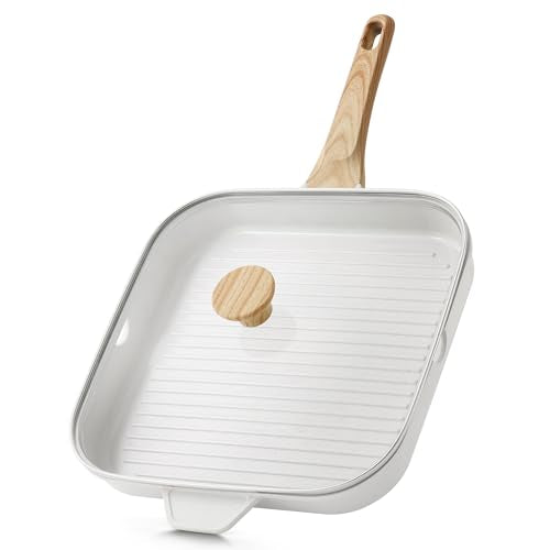 SENSARTE Nonstick Ceramic Grill Pan with Lid, Grill Pan for Stove Tops, Square Grilling Pan with Pour Spouts, Durable Grill Skillet for All Stoves, Steak Bacon Pan, Non Toxic PTFE,PFAS,PFOA Free - color: White Ceramic, size: 12 Inch+Lid