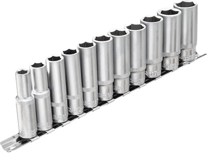 DAKCOS 11 Piece 3/8-Inch Drive Metric Deep Socket Set 8-19MM Lenth 63mm - size: 3/8"|SW 8-19 mm