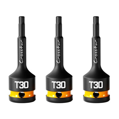 Crosstar 3pc T30 Impact Torx Bit Socket Set, 1/2" Drive Cr-Mo Steel, Long High Impact Star Sockets for Automotive & Heavy-Duty Use, Professional Mechanic Tools with Transparent Case - size: T30 (Long)