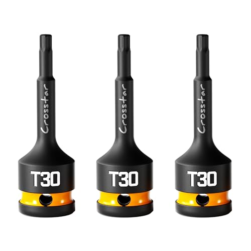 Crosstar 3pc T30 Impact Torx Bit Socket Set, 1/2" Drive Cr-Mo Steel, Long High Impact Star Sockets for Automotive & Heavy-Duty Use, Professional Mechanic Tools with Transparent Case - size: T30 (Long)