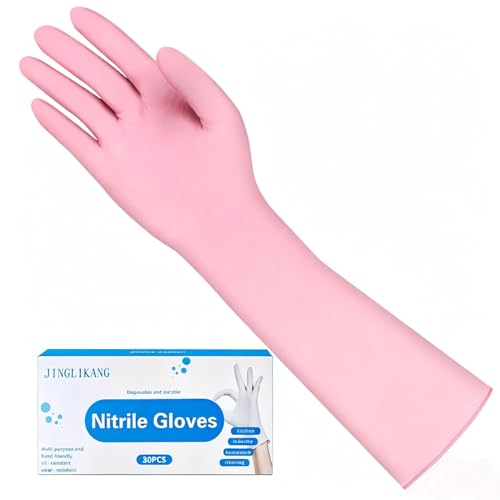 Long Sleeves Durable Disposable Nitrile White Gloves 15inches,Household Cleaning Dishwashing Waterproof 30PCS - color: Pink, size: Large