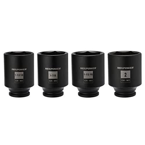 MIXPOWER 1/2-Inch Drive Deep Impact Socket Set, Inch, Cr-Mo, 6 Point, 1-13/16",1-7/8", 1-15/16", 2", 4-Pieces 1/2" Dr. Spindle Axle Nut Impact Socket Set, Impact Grade - size: Deep