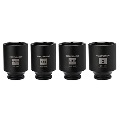 MIXPOWER 1/2-Inch Drive Deep Impact Socket Set, Inch, Cr-Mo, 6 Point, 1-13/16",1-7/8", 1-15/16", 2", 4-Pieces 1/2" Dr. Spindle Axle Nut Impact Socket Set, Impact Grade - size: Deep