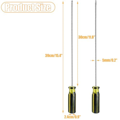 2Pcs Silver 39cm / 15.4 Inches Long Screwdriver Set | Phillips Screwdriver, Slotted Screwdriver, Flat Head, Magnetic Tip Cross Head