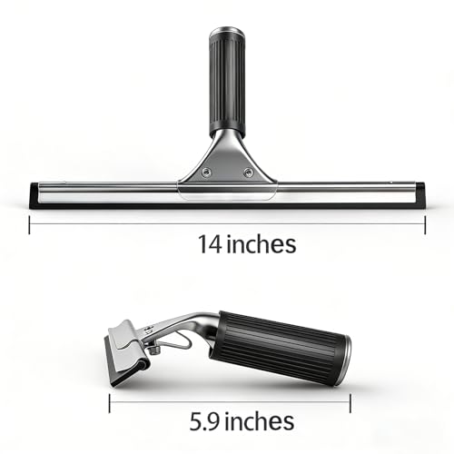 14-Inch Shower Squeegee for Glass Doors, Windows and Mirrors, Stainless Steel Bathroom Water Wiper with Flexible Blade and Ergonomic Handle - color: Black+silver