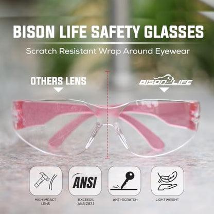 BISON LIFE Clear Safety Glasses – ANSI Z87.1 Certified Scratch & Impact Resistant Eye Protection Goggles for Men & Women - color: Clear/Pink