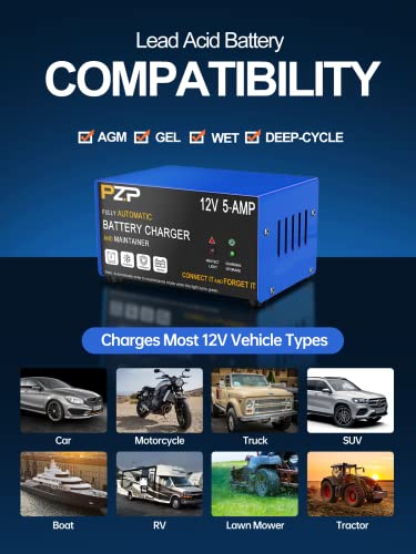 12v Smart Car Battery Charger, 5Amp Fully-Automatic Trickle Charger, Battery Desulfator with Auto Repair, 12 Volt Battery Maintainer, Winter Mode, Suitable for AGM, Deep Cycle, Lawn Mower, RV - color: Blue