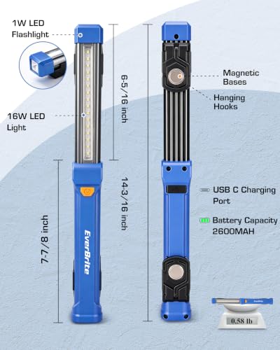 EverBrite 1000LM Magnetic Work Light, Rechargeable LED Mechanic Light with Dual Magnetic Bases & 360° Hanging Hooks, 4 Modes Under Hood Work Light for Car Repair, Garage, Emergency, 1 Pack Blue - color: Blue
