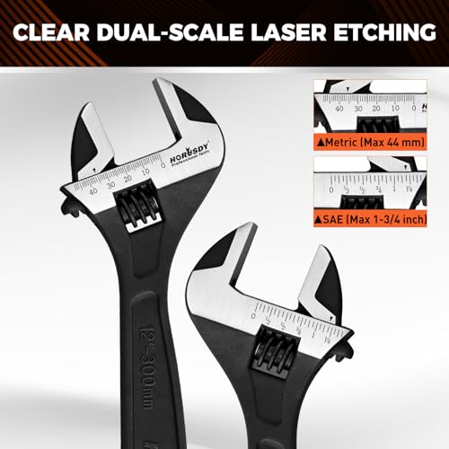 HORUSDY 4-Piece Adjustable Wrench Set With 4-Piece Magnetic Wrench Organizer Racks, 6" 8" 10" Wide Jaw Black Oxide Wrenches with Tool Roll Pouch, Metric&SAE Scales, CR-V Steel for Home Garage Workshop - style: 4 Wide Jaw Wrenches + 4 Magnetic Racks
