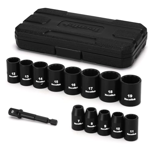 TecoTek 14 Pieces 3/8-Inch Drive Impact Socket Set, 12-Point, Metric, Shallow, CR-V, 7mm to 19mm, Drill Socket Adapter 3/8" - size: 7mm-19mm(Shallow)