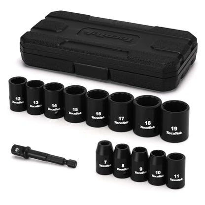 TecoTek 14 Pieces 3/8-Inch Drive Impact Socket Set, 12-Point, Metric, Shallow, CR-V, 7mm to 19mm, Drill Socket Adapter 3/8" - size: 7mm-19mm(Shallow)