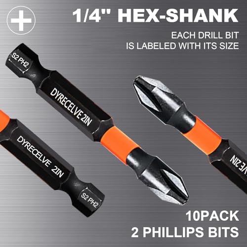 10-Pack Phillips Bits #2 Impact, 2-Inch Magnetic Phillips Head Drill & Screwdriver Bits, PH2 Premium S2 Steel 1/4" Hex Shank for Impact Drivers, Professional & DIY Use - color: 2'' Ph2 10-pcs