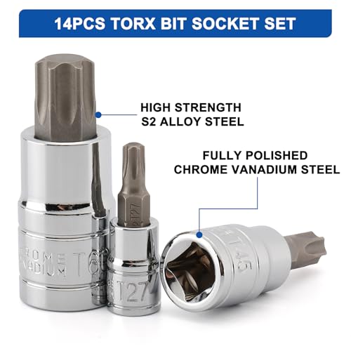 Mayouko 14PCS Torx Bit Socket Set, T6-T60, 1/4-Inch, 3/8-Inch and 1/2-Inch Drive, S2 and Cr-V Steel, Star Bits Socket Set