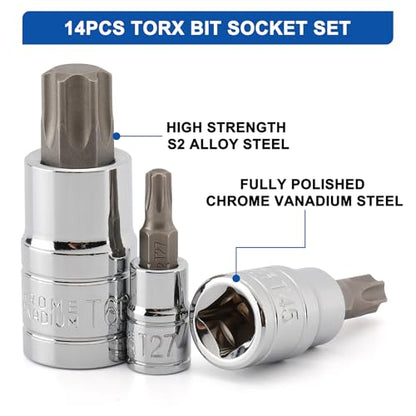 Mayouko 14PCS Torx Bit Socket Set, T6-T60, 1/4-Inch, 3/8-Inch and 1/2-Inch Drive, S2 and Cr-V Steel, Star Bits Socket Set
