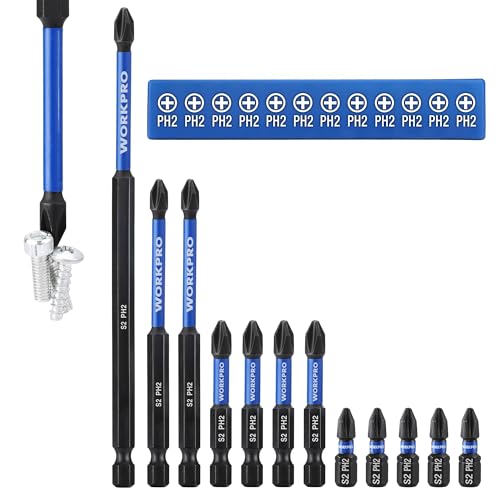 WORKPRO 12pcs PH2 Impact Phillips Screwdriver Bit Set, S2 Professional CNC Anti-Slip Magnetism Bits, 1/4" Hex-Shank #2 Phillips Impact Driver Bits, 1-6" Long Impact Screwdriving Bits with Holder - size: 1 in&2 in&4 in&6 in