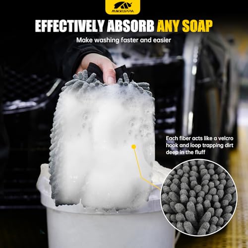 MIKKUPPA Car Wash Mitt Microfiber - Double-Sided Chenille Scratch Free Mitt with Waterproof Inner for Car Washing Home Cleaning (Gray, 2Pack, 10'' x 7'') - color: Gray