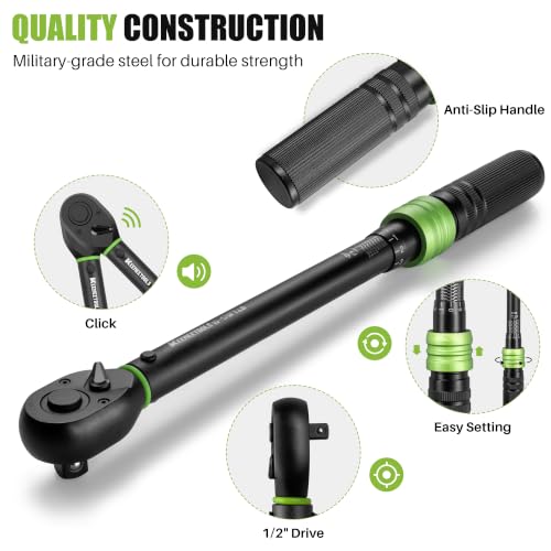 1/2 Inch Drive Torque Wrench 10-170 Ft-Lb for Car Repair | Click Torque Wrench (13.6-230.5Nm) with 3% Precision Dual-Direction Range,72 Tooth Head for Automotive Maintenance,DIY Garage - size: 1/2" 10-170FT