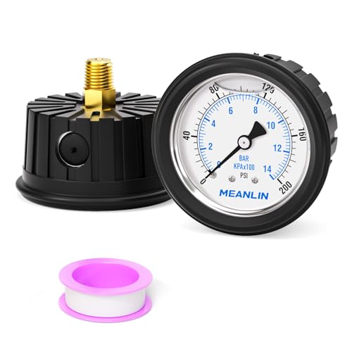MEANLIN MEASURE 0~200Psi Stainless Steel Liquid Filled Pressure Gauge 1/4" NPT 2.5" FACE DIAL with Rubber Protective Sleeve, Center Back Mount - size: 0-200Psi
