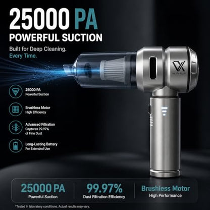 Handheld Car Vacuum Cleaner Cordless Powerful 25000Pa Suction, 3-Speed Brushless Motor Mini Portable Rechargeable Lightweight Hand Held Vacuum & Blower for Vehicle Office Home Pet Hair