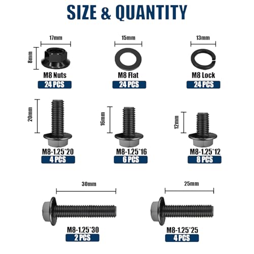 M8x1.25 Metric Flange Bolt Kit (12mm 16mm 20mm 25mm 30mm) 10.9 Grade Black Hex Bolts and Nuts Washers Kit-96Pieces - size: Flange Bolts-Metric M8