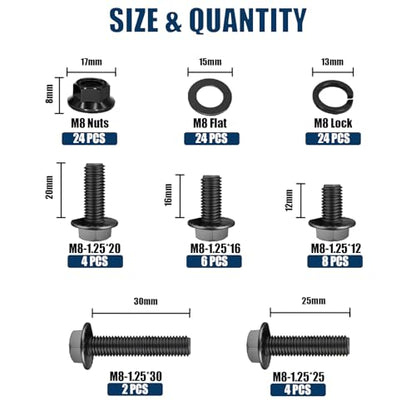 M8x1.25 Metric Flange Bolt Kit (12mm 16mm 20mm 25mm 30mm) 10.9 Grade Black Hex Bolts and Nuts Washers Kit-96Pieces - size: Flange Bolts-Metric M8