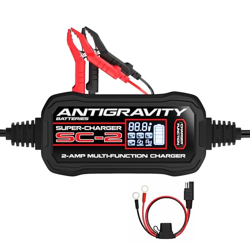 Antigravity Super-Charger – 2-Amp 6V/12V Multi-Function Battery Charger & Maintainer for Lithium (LiFePO4) and Lead/Acid Batteries, LCD Display, Auto Winter Mode, Recondition Feature