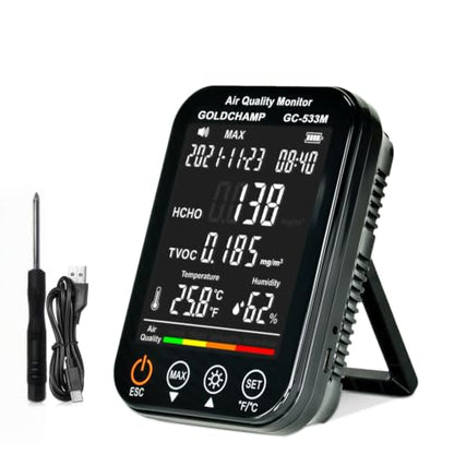 Upgraded 4-in-1 Air Quality Monitor – Portable HCHO & TVOC Detector | Temp/Humidity, Large LCD Screen, Audible Alarm, 96-Record Memory & Auto Shutdown for Home, Office, and RV