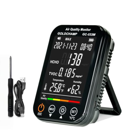 Upgraded 4-in-1 Air Quality Monitor – Portable HCHO & TVOC Detector | Temp/Humidity, Large LCD Screen, Audible Alarm, 96-Record Memory & Auto Shutdown for Home, Office, and RV