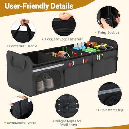 18 Gal Car Trunk Organizer with Lid, 3-Compartment Portable Storage Box with Leakproof Cooler Bag, Shoe Storage, Dividers & Adjustable Securing Straps, Collapsible Trunk Organizer for SUV, - size: 18 Gallon