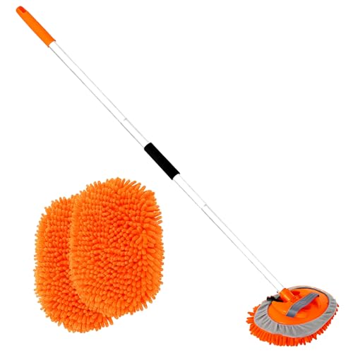 62" Car Wash Brush with Long Handle Car Cleaning Brush Kit Car Cleaning Supplies Kit Car Washing Duster Tools Accessories, 1 Chenille Scratch-Free Replacement Head Aluminum Alloy Pole (Orange) - color: Orange