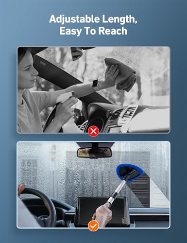 Windshield Cleaning Tool with Extendable Handle, Car Interior Window Cleaner Kit with 4 Reusable Microfiber Pads, Inside Windshield Cleaner for Auto & Home Glass - color: Blue